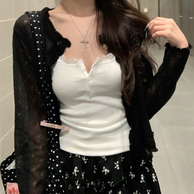 Plain Ruffle Pointelle Knit Cardigan