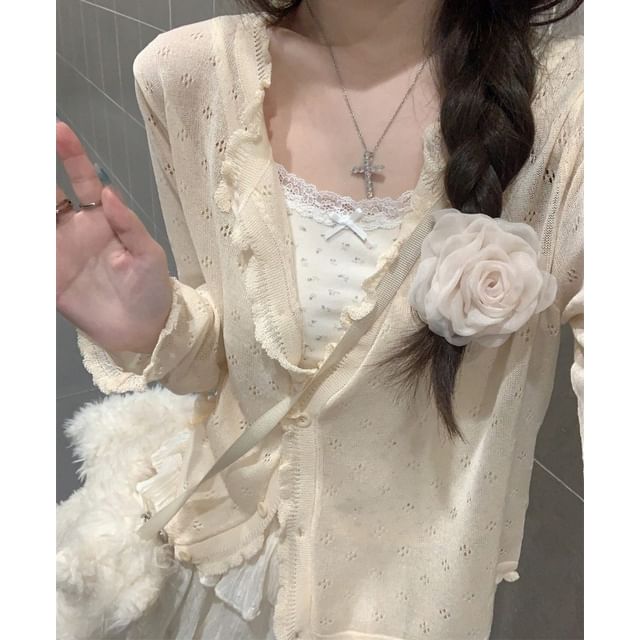 Plain Ruffle Pointelle Knit Cardigan