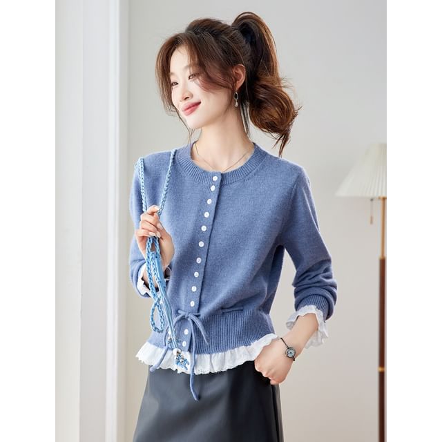 Crew Neck Plain Lace Trim Button Up Cardigan