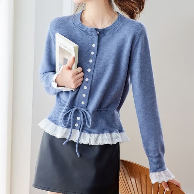 Crew Neck Plain Lace Trim Button Up Cardigan