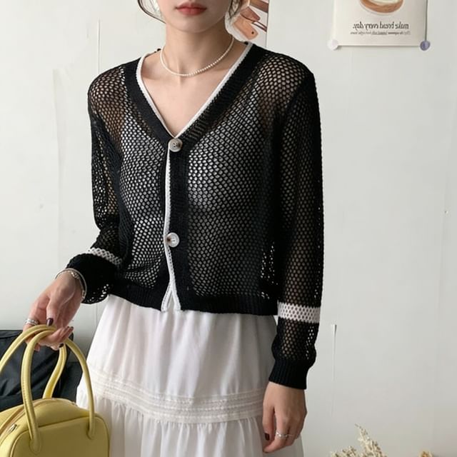 V-Neck Contrast Trim Mesh Button Up Cardigan