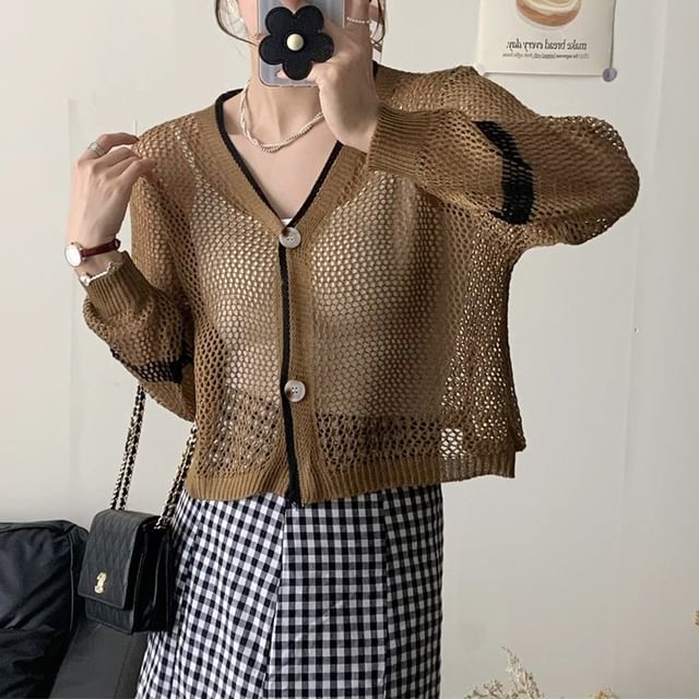 V-Neck Contrast Trim Mesh Button Up Cardigan