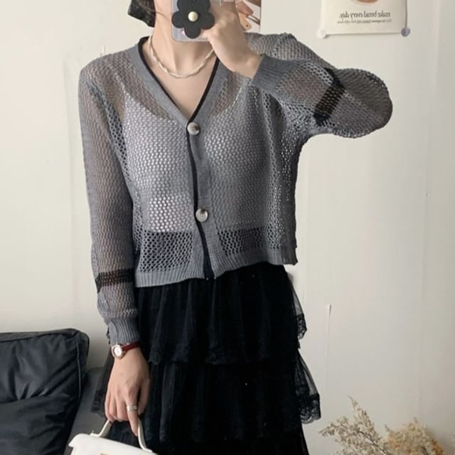 V-Neck Contrast Trim Mesh Button Up Cardigan