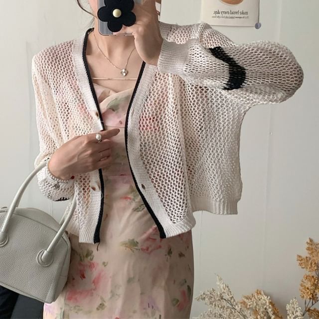 V-Neck Contrast Trim Mesh Button Up Cardigan