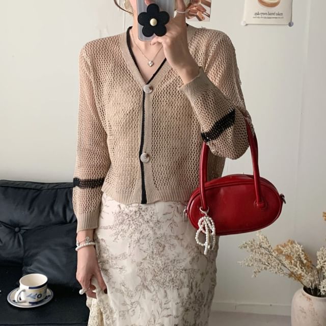 V-Neck Contrast Trim Mesh Button Up Cardigan