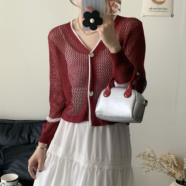 V-Neck Contrast Trim Mesh Button Up Cardigan