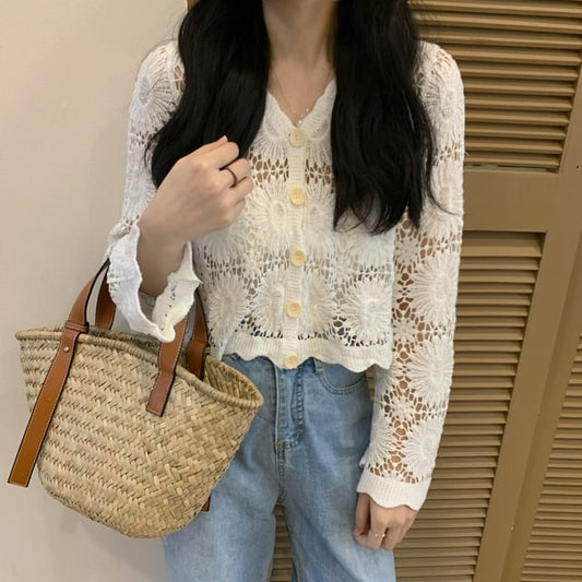 V-Neck Plain Crochet Cardigan