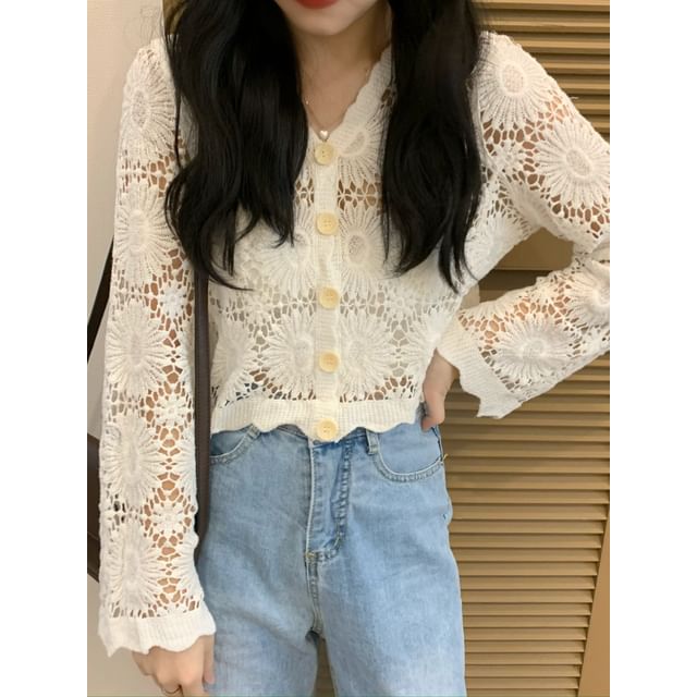 V-Neck Plain Crochet Cardigan
