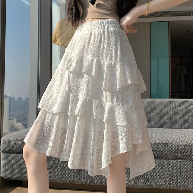 Mid Waist Lace Asymmetrical A-Line Skirt