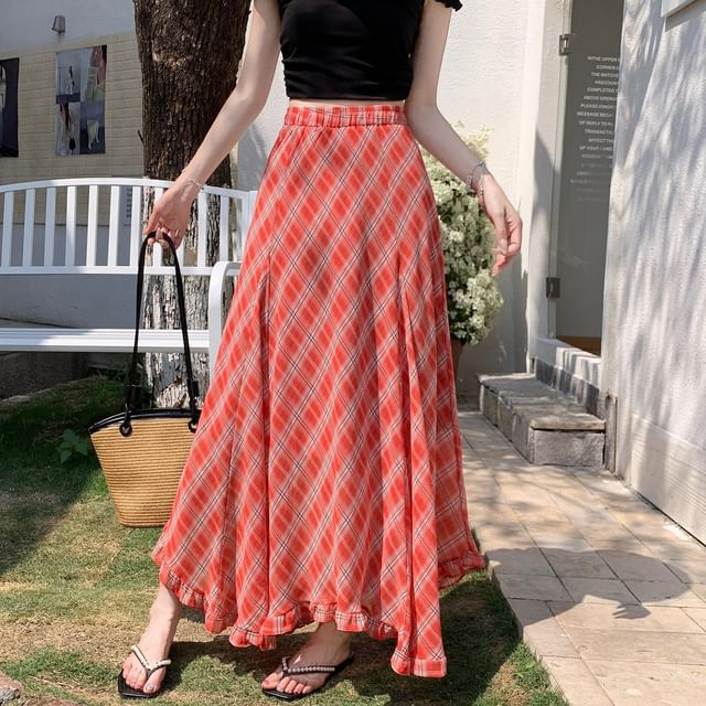 High Waist Plaid Maxi A-Line Skirt