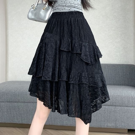Mid Waist Lace Asymmetrical A-Line Skirt