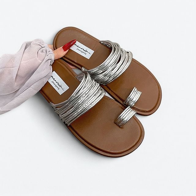 Metallic Multi-Strap Loop-toe Flat Slide Sandals