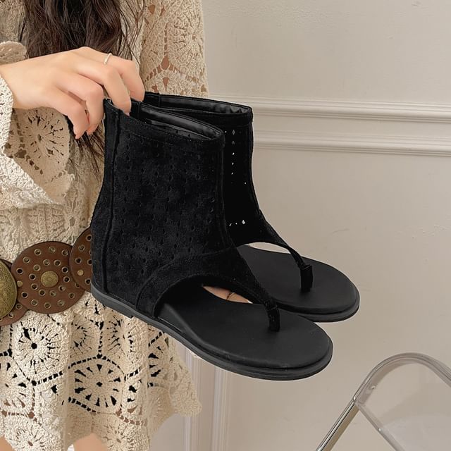 Perforated Faux Suede Ankle Cuff Hidden Wedge Thong Sandals