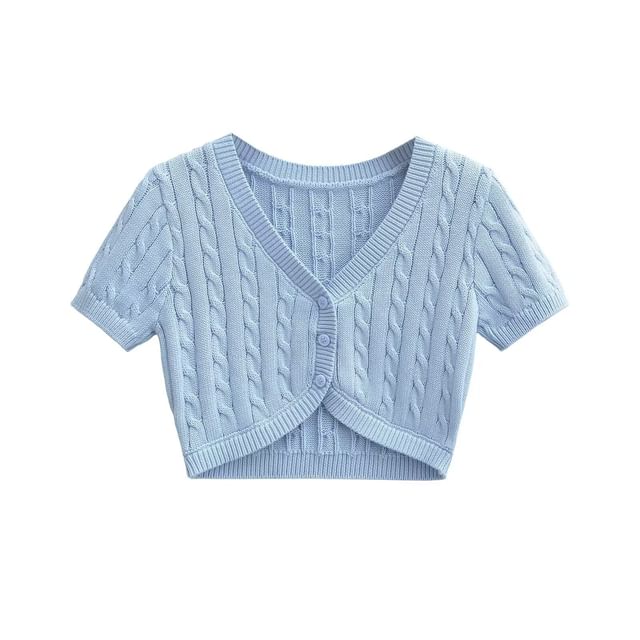 Short-Sleeve V-Neck Plain Cable Knit Crop Cardigan
