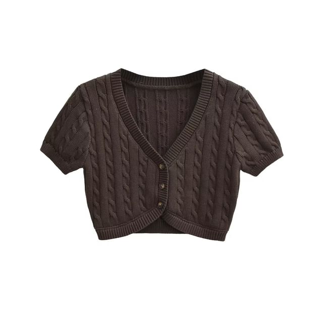 Short-Sleeve V-Neck Plain Cable Knit Crop Cardigan