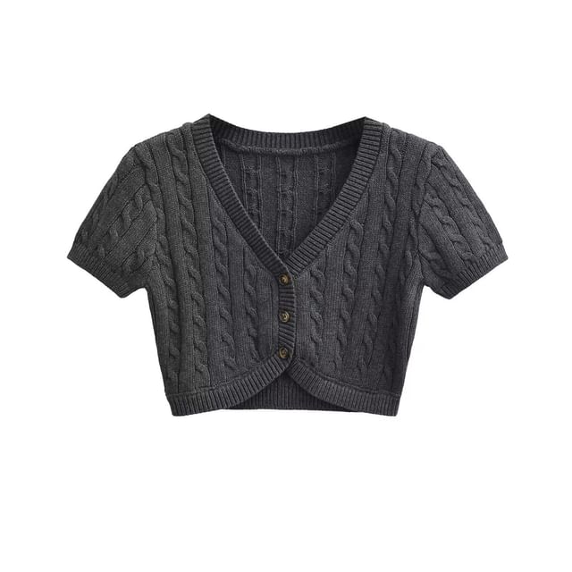 Short-Sleeve V-Neck Plain Cable Knit Crop Cardigan