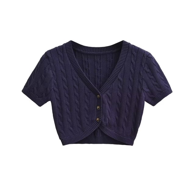 Short-Sleeve V-Neck Plain Cable Knit Crop Cardigan