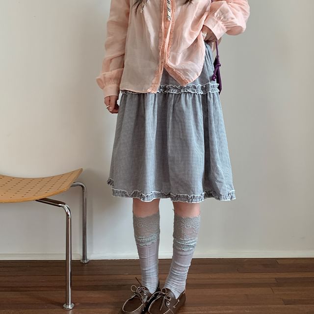High Waist Plaid Ruffle Trim A-Line Skirt