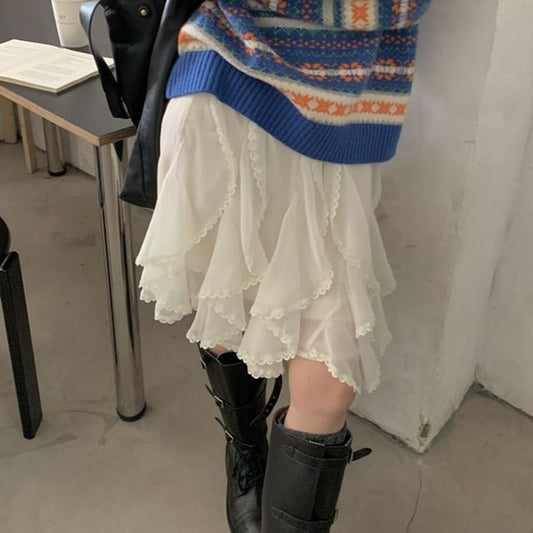 Mid Waist Ruffle Plain A-Line Skirt