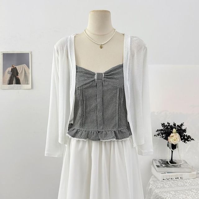 Set: Plain Cardigan + Plaid Crop Camisole Top