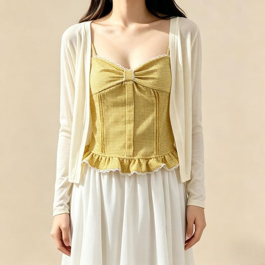Set: Plain Cardigan + Plaid Crop Camisole Top