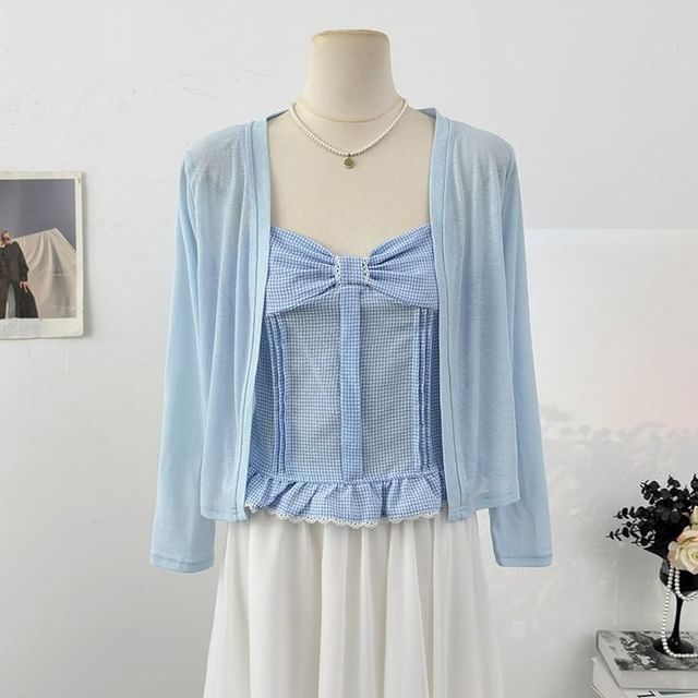 Set: Plain Cardigan + Plaid Crop Camisole Top
