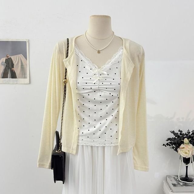 Set: V-Neck Dotted Camisole Top + Plain Cardigan