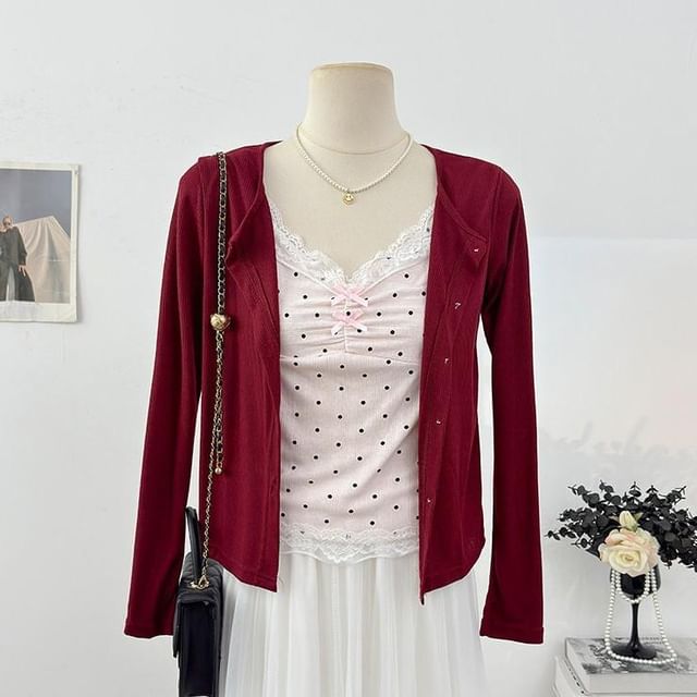 Set: V-Neck Dotted Camisole Top + Plain Cardigan