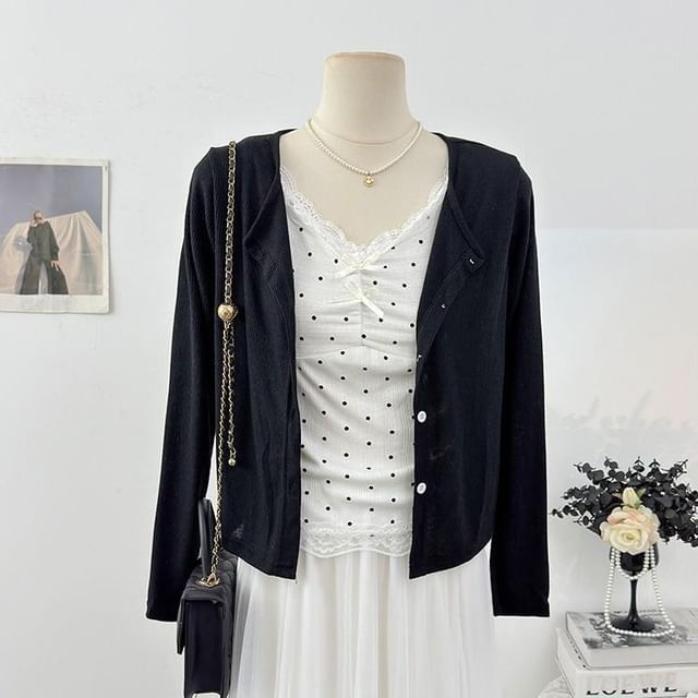 Set: V-Neck Dotted Camisole Top + Plain Cardigan