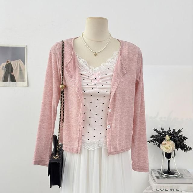 Set: V-Neck Dotted Camisole Top + Plain Cardigan
