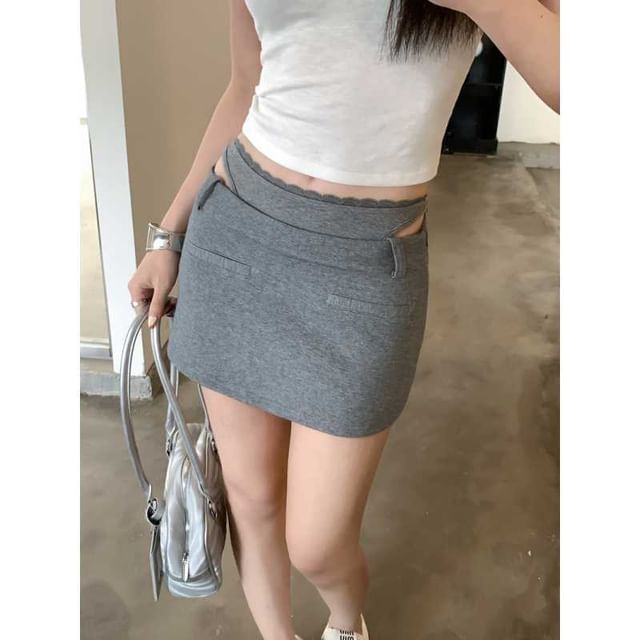 Mock Two-Piece Low Waist Plain Mini Pencil Skirt