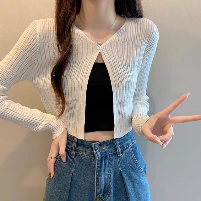 V-Neck Plain Ribbed Knit Single Button Cardigan