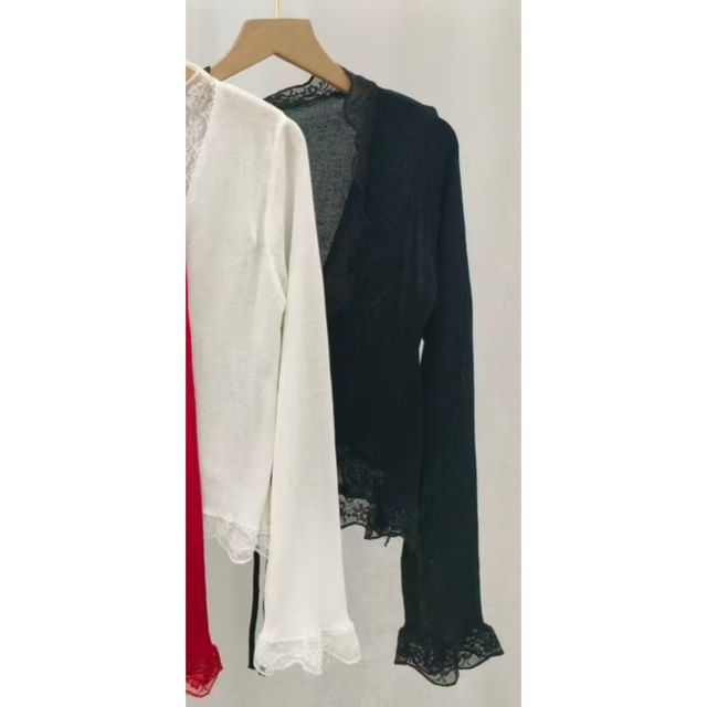 V-Neck Plain Panel Lace Tie Front Cardigan