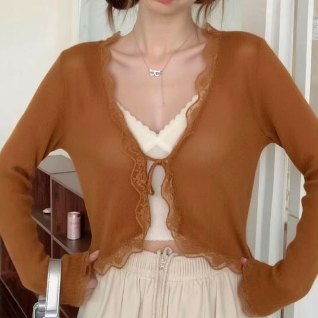 V-Neck Plain Panel Lace Tie Front Cardigan