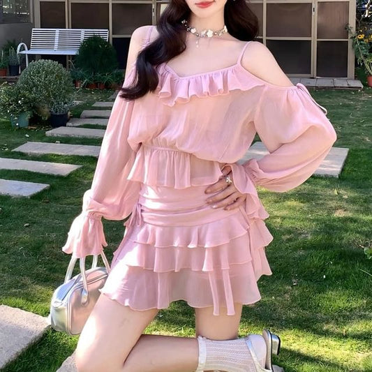 Set: Long-Sleeve V-Neck Cold Shoulder Plain Ruffle Trim Sheer Crop Blouse + High Waist Tiered Mini A-Line Skirt