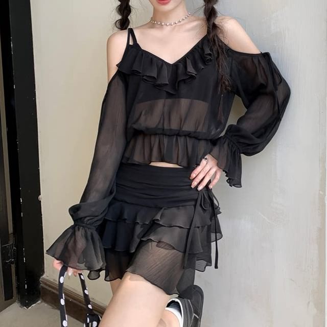 Set: Long-Sleeve V-Neck Cold Shoulder Plain Ruffle Trim Sheer Crop Blouse + High Waist Tiered Mini A-Line Skirt