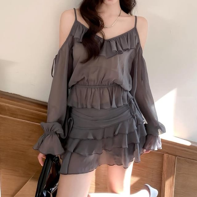 Set: Long-Sleeve V-Neck Cold Shoulder Plain Ruffle Trim Sheer Crop Blouse + High Waist Tiered Mini A-Line Skirt