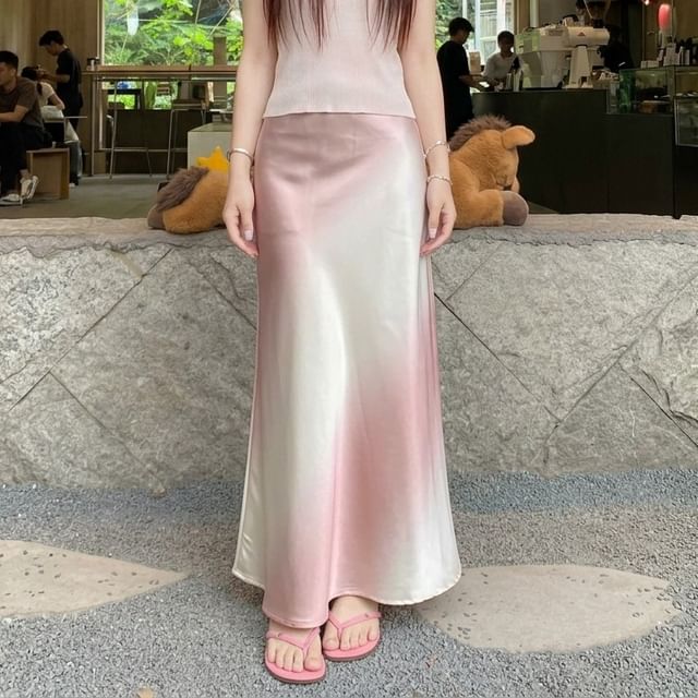 High Waist Gradient Satin Maxi A-Line Skirt