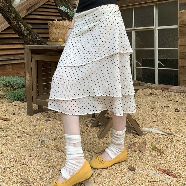 Mid Waist Dotted Midi Tiered Skirt