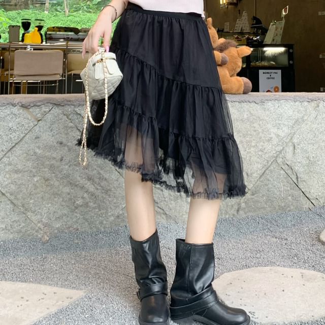 Mid Waist Asymmetrical Sheer A-Line Skirt