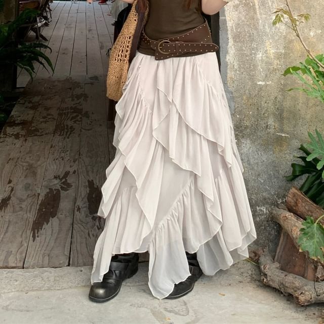 Round Neck Plain Cutout Back Tank Top / High Waist Plain Ruffle Asymmetrical Maxi A-Line Skirt / Studded Belt / Set