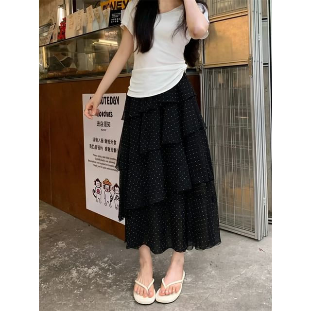 High Waist Dotted Asymmetric Midi Tiered Skirt