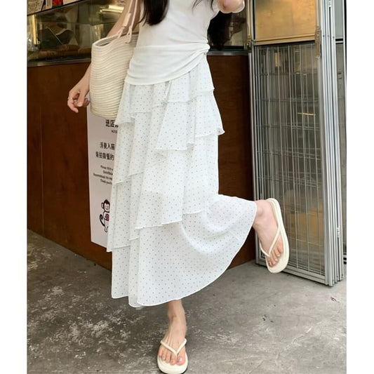 High Waist Dotted Asymmetric Midi Tiered Skirt