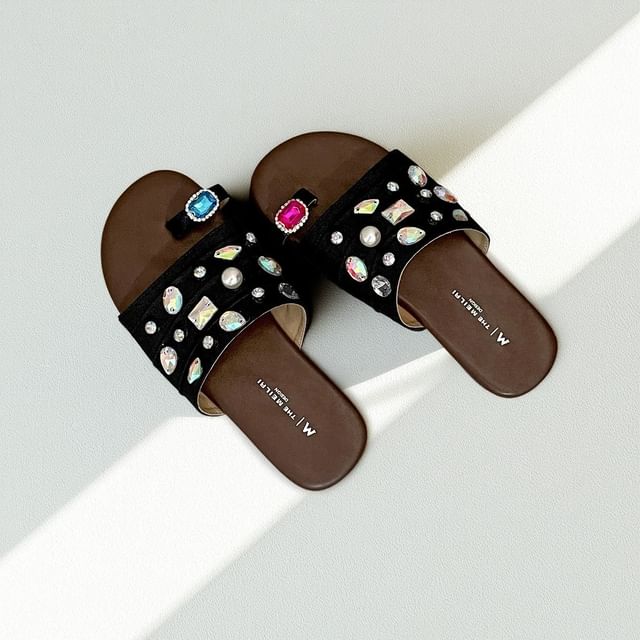 Faux Crystal Loop Toe Faux Leather Slide Sandals