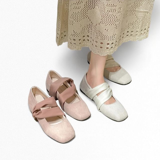 Double Strap Square Toe Faux Leather Flats