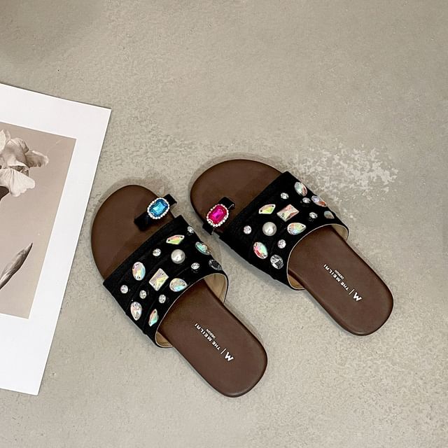 Faux Crystal Loop Toe Faux Leather Slide Sandals