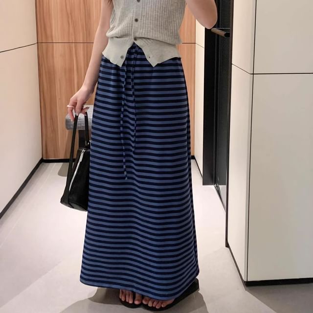 Drawstring Waist Striped Maxi A-Line Skirt