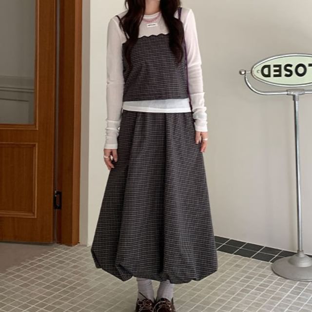 Set: Spaghetti Strap Plaid Crop Camisole Top + Mid Rise Midi A-Line Skirt