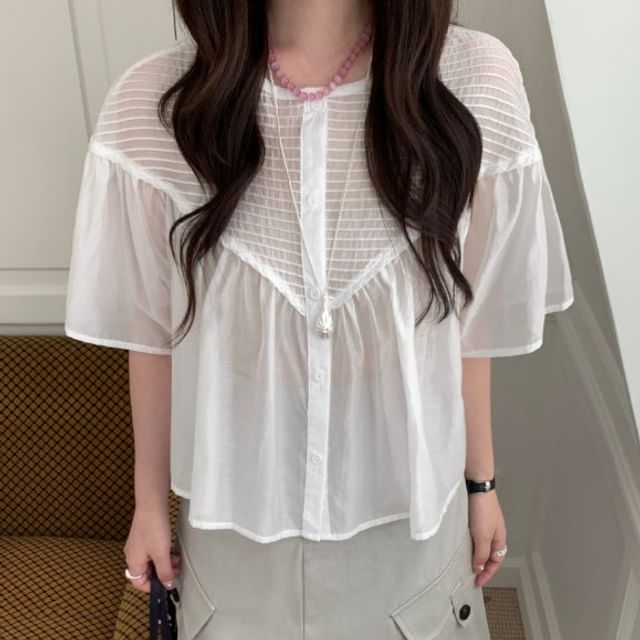 Ruched Blouse with Round Neck and Short Sleeves
