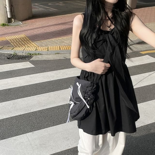 Spaghetti Strap V-Neck Plain Tie Front Mini A-Line Dress